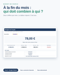 Tableau de bord du classeur : le montant que l'un doit à l'autre, affiché en grand